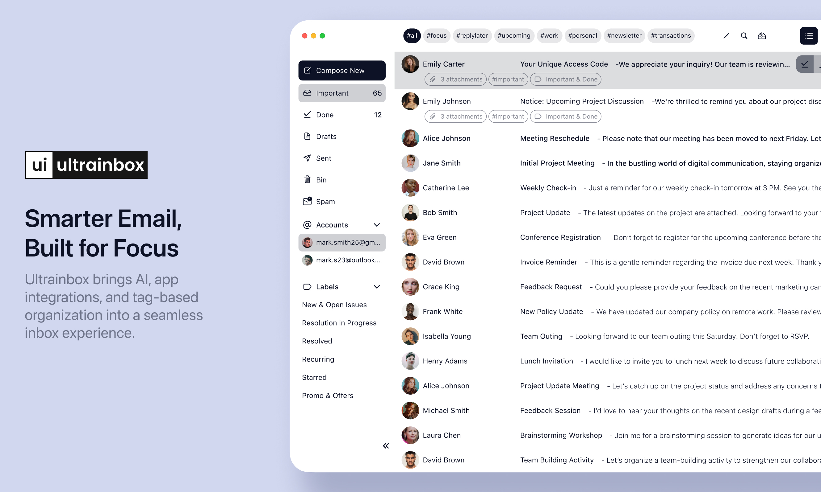 The clean, unified inbox view of UltraInbox, showing emails from multiple accounts in a single list.