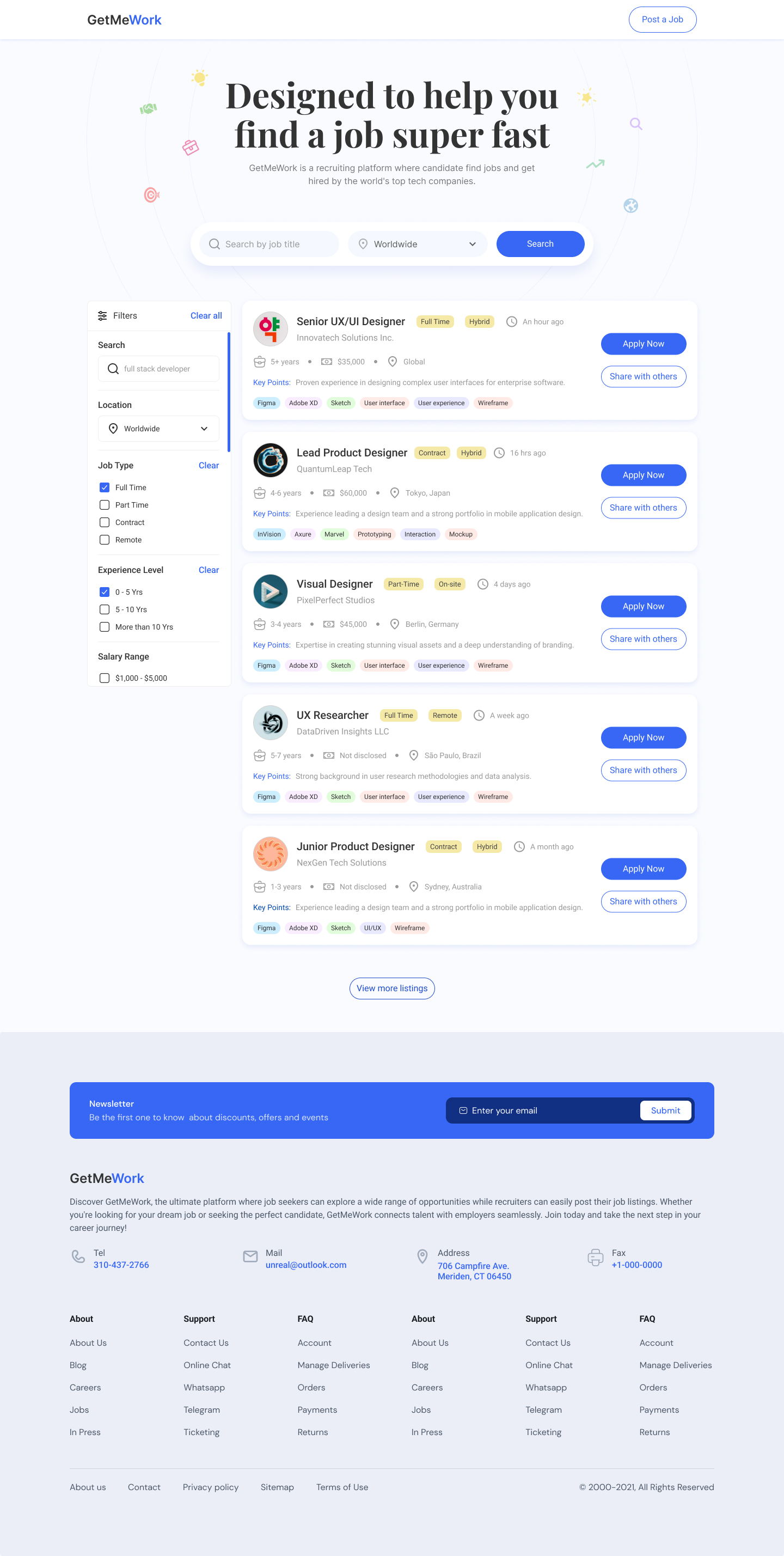 Search results page of GetMeWork, showing filters and job cards.